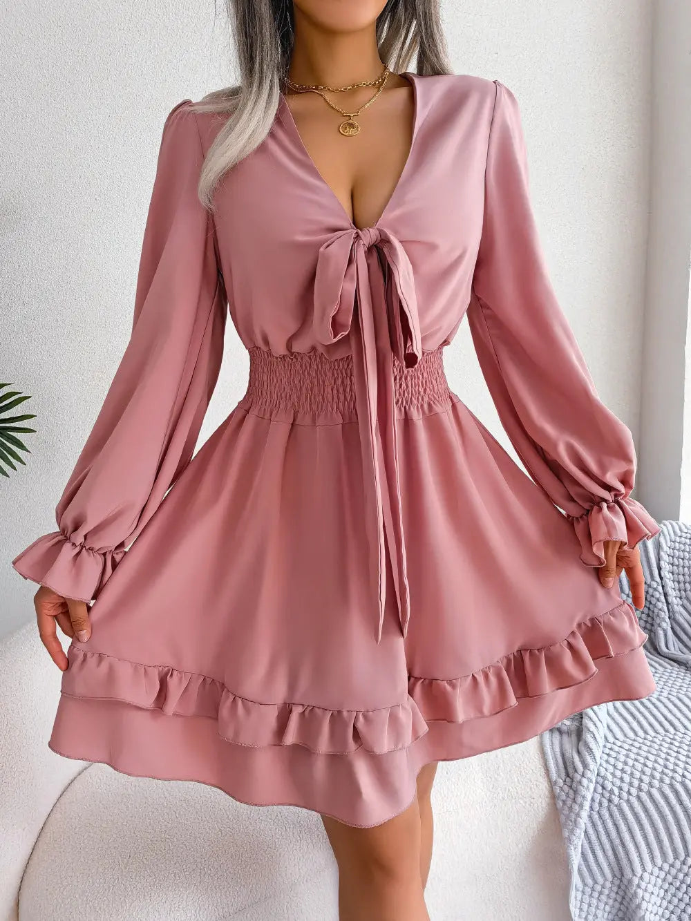Women’s Beach Dress – Summer Long Sleeve V-Neck Solid Color A-Line - All You Need